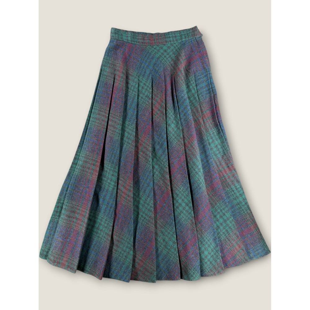 Vintage Casual Corner Plaid Pleated Midi Skirt Wool Blend Green Purple Sz 3